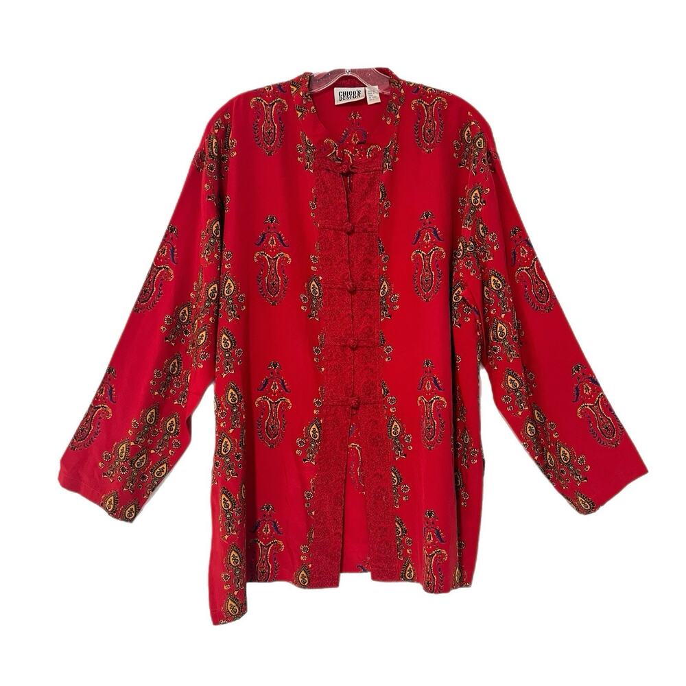 Vintage Chico's 100% Silk Tunic Large Red Chinese Frog Buttons Oriental Fairy